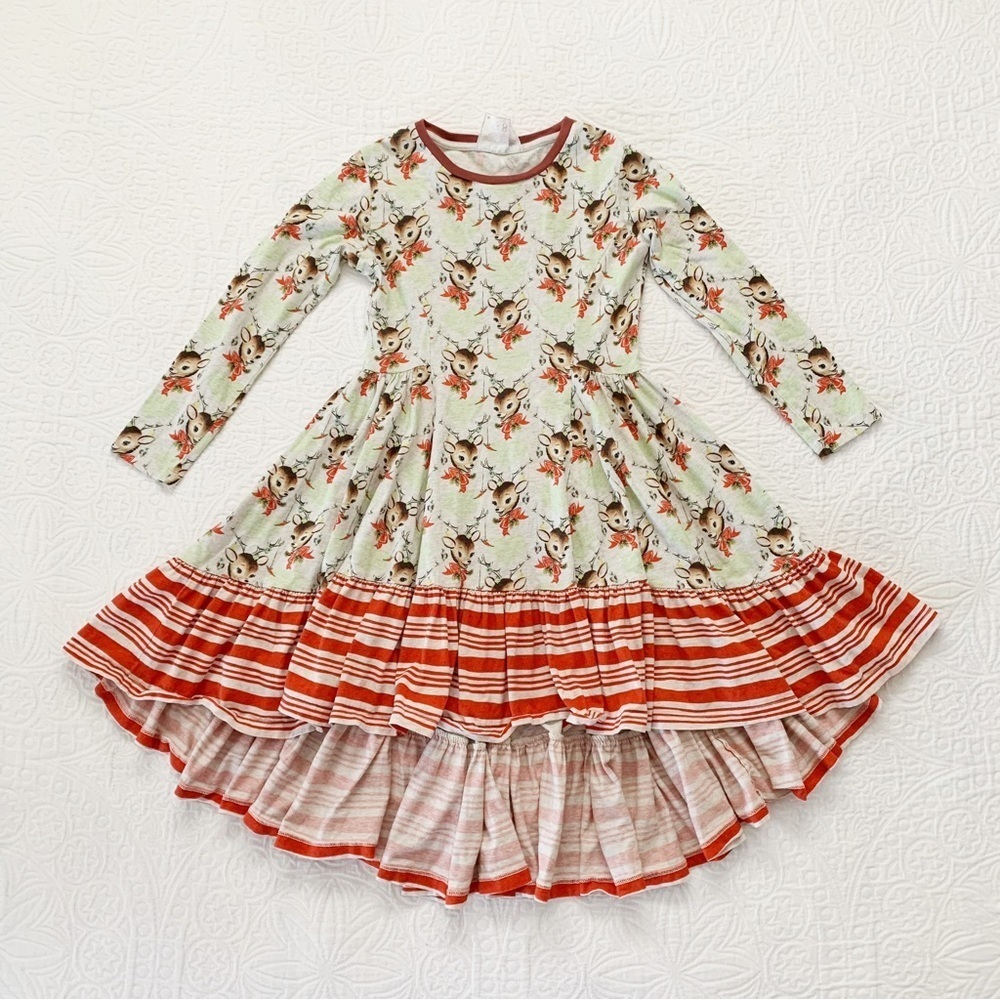 Rare Paper Wings Girl's Holiday Ruffle Dress, Reindeer and Holly Print